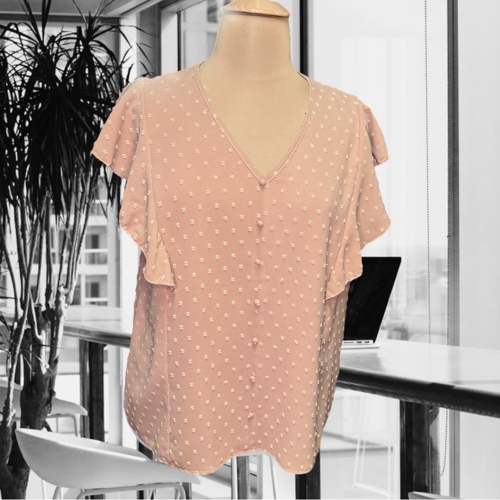 STARVNC Women Women Swiss Dot V Neck Button Flutter Sleeve Top
